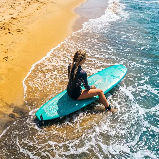 Blonde Surfer Sitting on Turquoise Surfboard