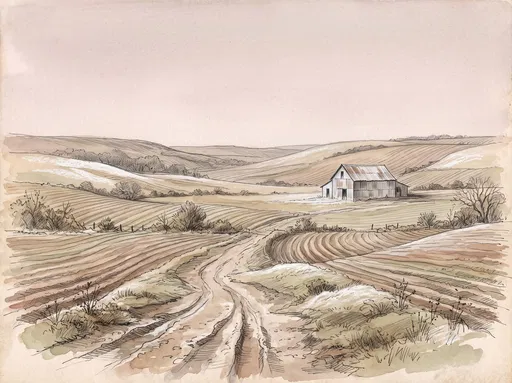 Watercolor and Graphite Valley Barn Illustration