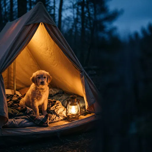Golden Retriever Puppy in Tent at Night