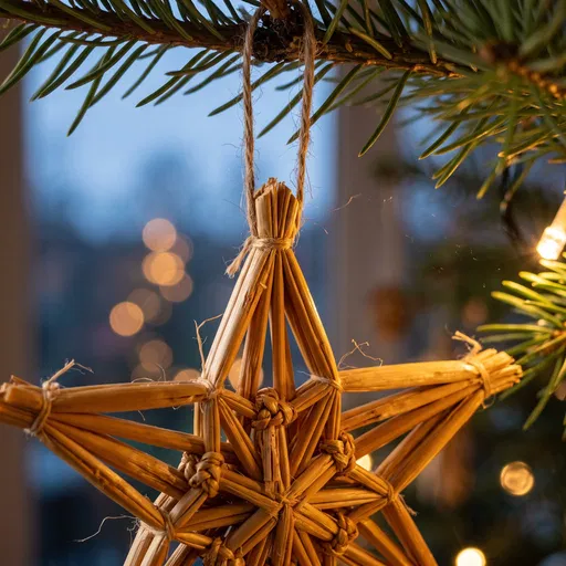 Woven Straw Christmas Star on Pine Branch
