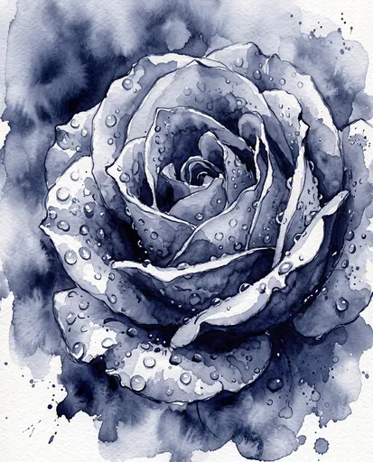 Indigo Watercolor Rose With Raindrops
