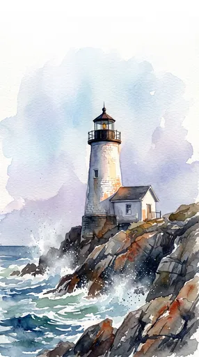 Watercolor Maine Lighthouse on Rocky Coast