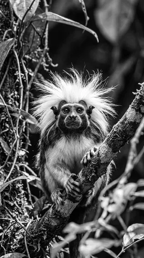 Monochrome Cotton-Top Tamarin on Tree Branch