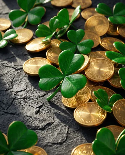 Glossy Clovers and Gold Coins on Slate
