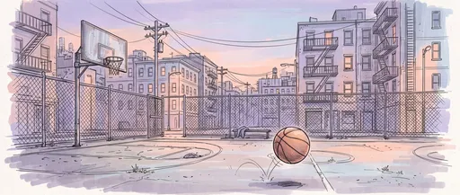 Urban Streetball Court Architectural Sketch at Dusk