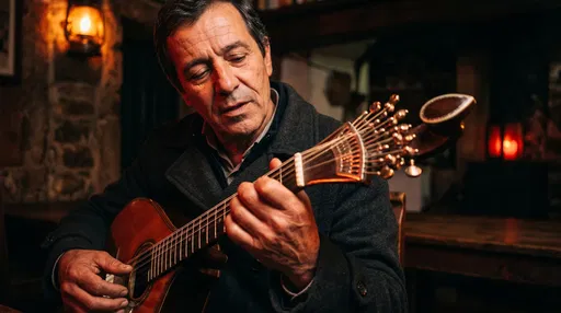 Musician Playing Traditional Portuguese Guitar in Tavern