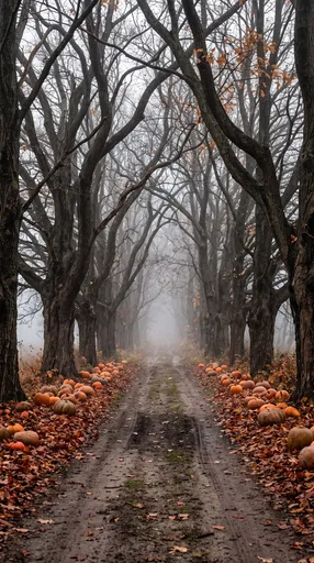 Misty Autumn Road Lined With Pumpkins