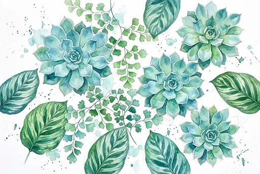 Watercolor Succulent and Fern Botanical Illustration