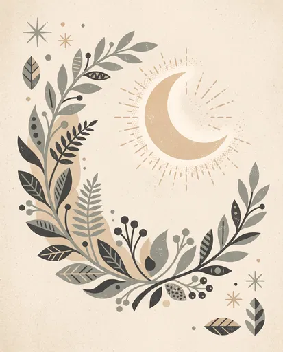 Mid-Century Crescent Moon and Botanical Wreath