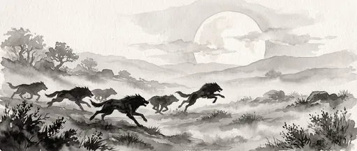 Monochrome Ink Wash Wolf Pack Running