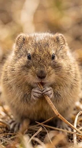 Macro Portrait of Wild Lemming Eating