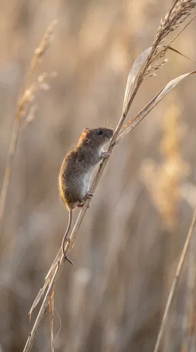 Field Mouse Climbing Dry Reed at Sunset