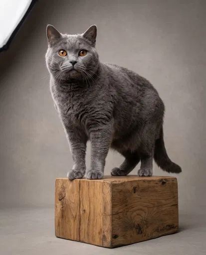 Gray Cat Standing on Wooden Pedestal