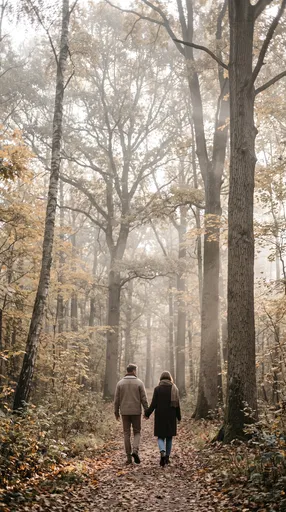 Couple Walking Through Misty Autumn Forest