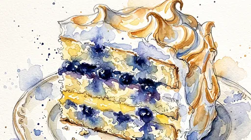 Watercolor Blueberry Lemon Meringue Cake Slice