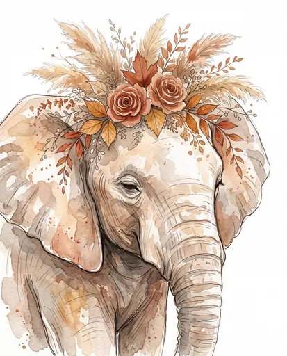 Boho Watercolor Elephant With Floral Crown