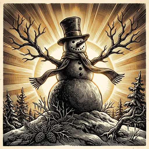 Woodcut Snowman Against Golden Sunburst