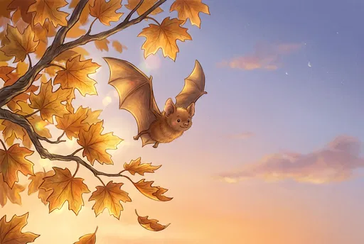 Cartoon Brown Bat Flying Past Autumn Leaves