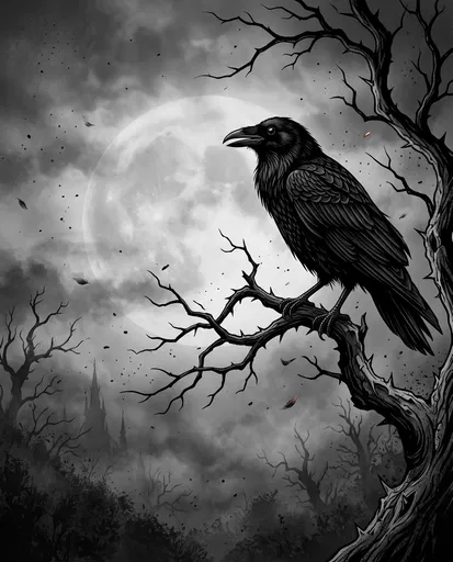 Gothic Raven Perched Against Full Moon