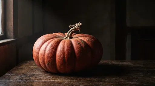 Rustic Cinderella Pumpkin on Dark Wood Table