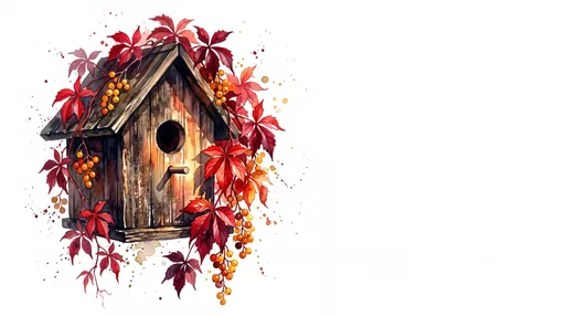 Watercolor Autumn Birdhouse with Red Vines