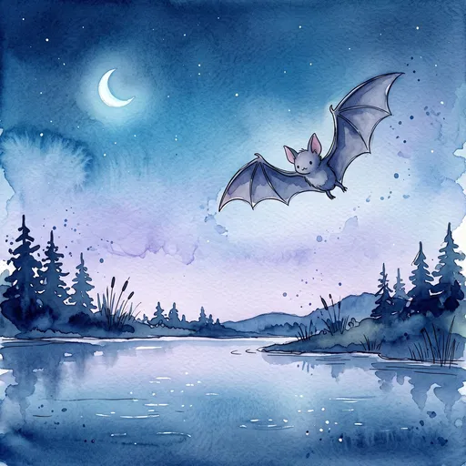 Watercolor Cartoon Bat Over Night Lake