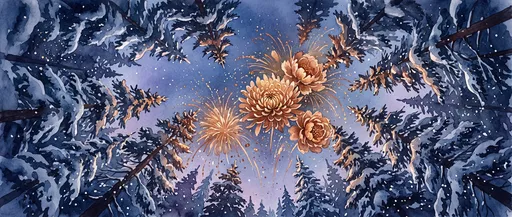 Watercolor Snowy Forest With Floral Fireworks
