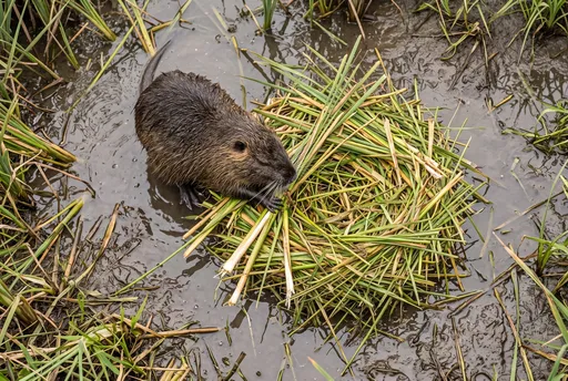 Nutria Building Reed Platform in Marsh
