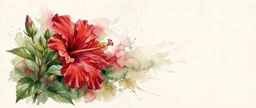 Red Hibiscus Watercolor Panoramic Illustration