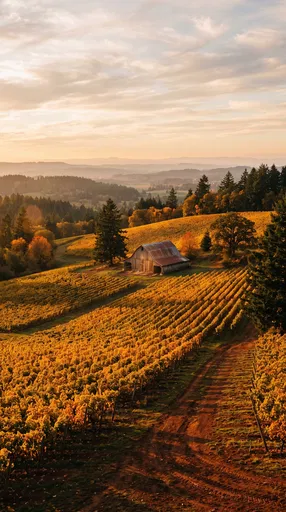 Autumn Vineyard and Rustic Barn at Sunset