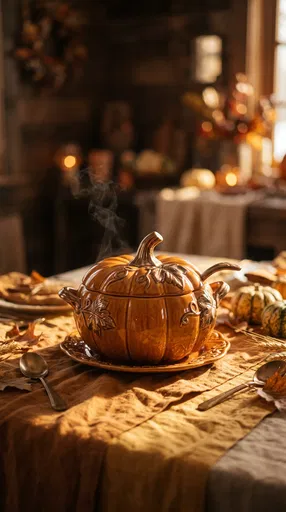 Ceramic Pumpkin Soup Tureen on Autumn Table