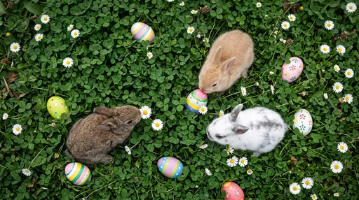Three Baby Bunnies in Clover Patch