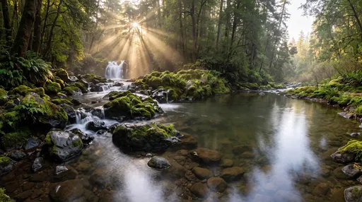 Sunbeams Over Mossy Forest Creek and Waterfall