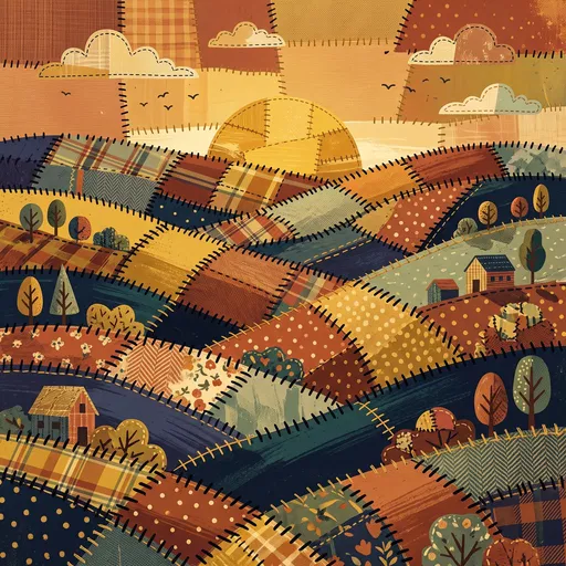 Patchwork Quilt Rolling Hills Landscape Illustration