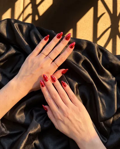 Red Chrome Heart Nails On Black Satin