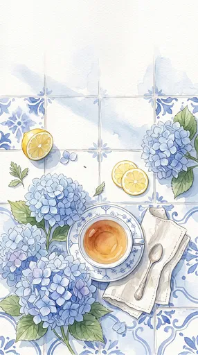 Watercolor Tea and Blue Hydrangeas Flat Lay
