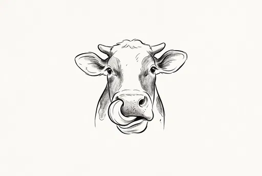 Monochrome Illustration of Cow Licking Snout