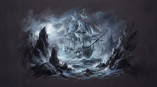 Spectral Ghost Ship Charcoal Pastel Illustration