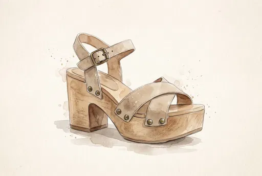 Watercolor Wooden Platform Clog Sandal Illustration