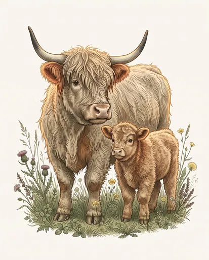 Scottish Highland Cow and Calf Illustration