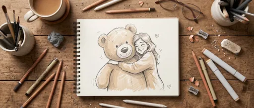 Sketchbook Drawing Of Girl Hugging Teddy Bear