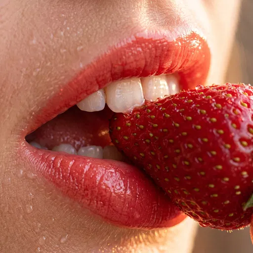 Macro Close-Up of Lips Biting Strawberry