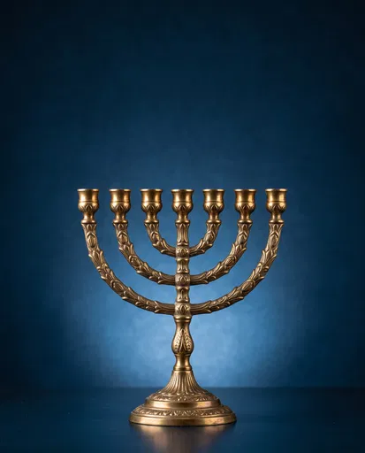Ornate Brass Menorah on Blue Background