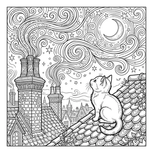 Kitten On Rooftop Coloring Page Illustration