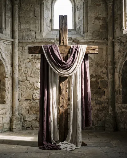 Draped Wooden Cross in Stone Sanctuary