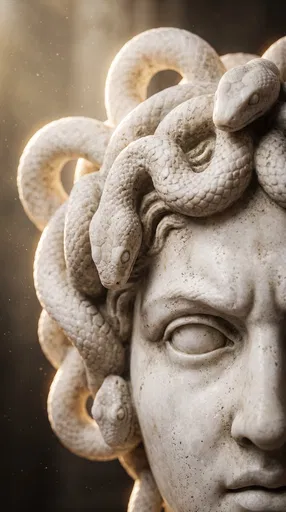 Close-Up of Weathered Marble Medusa Statue