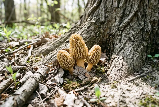 Three Blonde Morel Mushrooms Near Tree