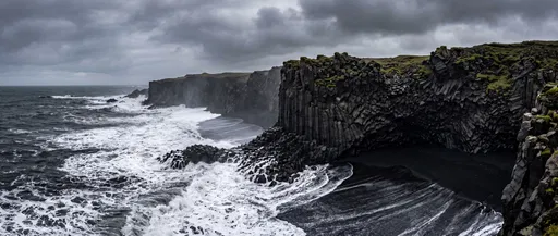 Dramatic Basalt Cliffs and Black Sand Beach