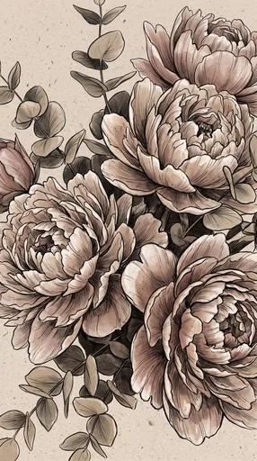 Muted Botanical Peony and Eucalyptus Drawing