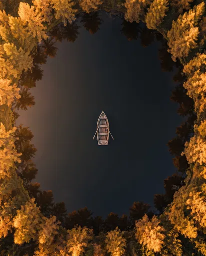 Aerial View of Rowboat on Autumn Lake